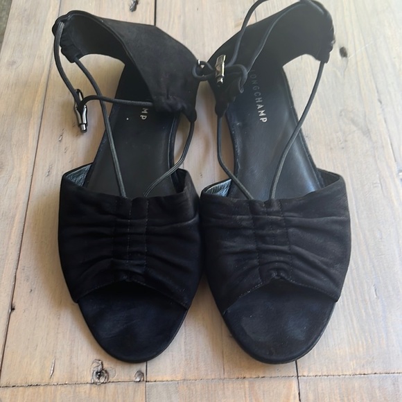 🆕 Longchamp Drawcord Leather and Suede Sandal in Black. Size 41 - Picture 3 of 7